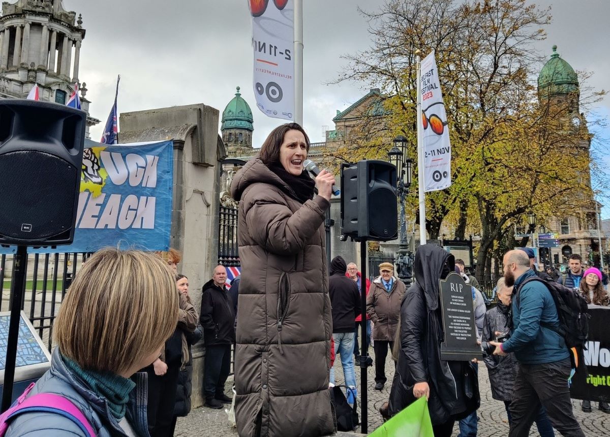 Tyrone woman speaks at Lough Neagh protest in Belfast