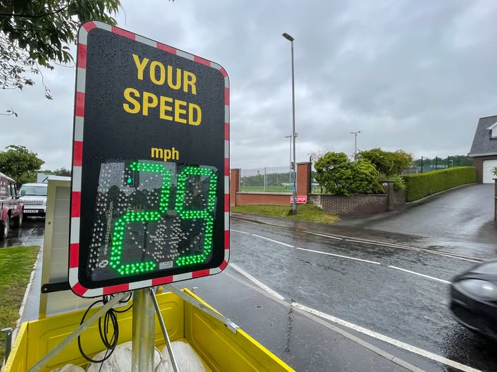 Speed of vehicles being measured outside Newtownstewart school