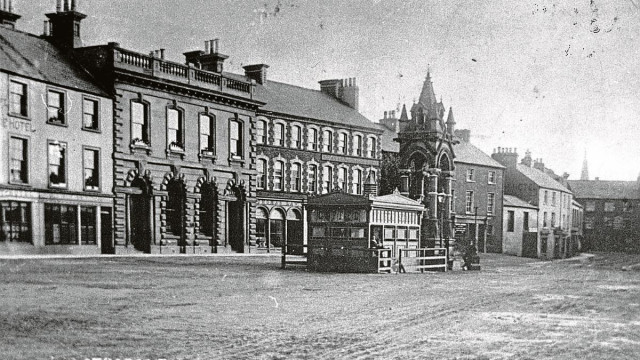 Abercorn Square displaying the Pagoda and coffee shop, funded by the Marquis of Abercorn for local workers seeking refreshment.